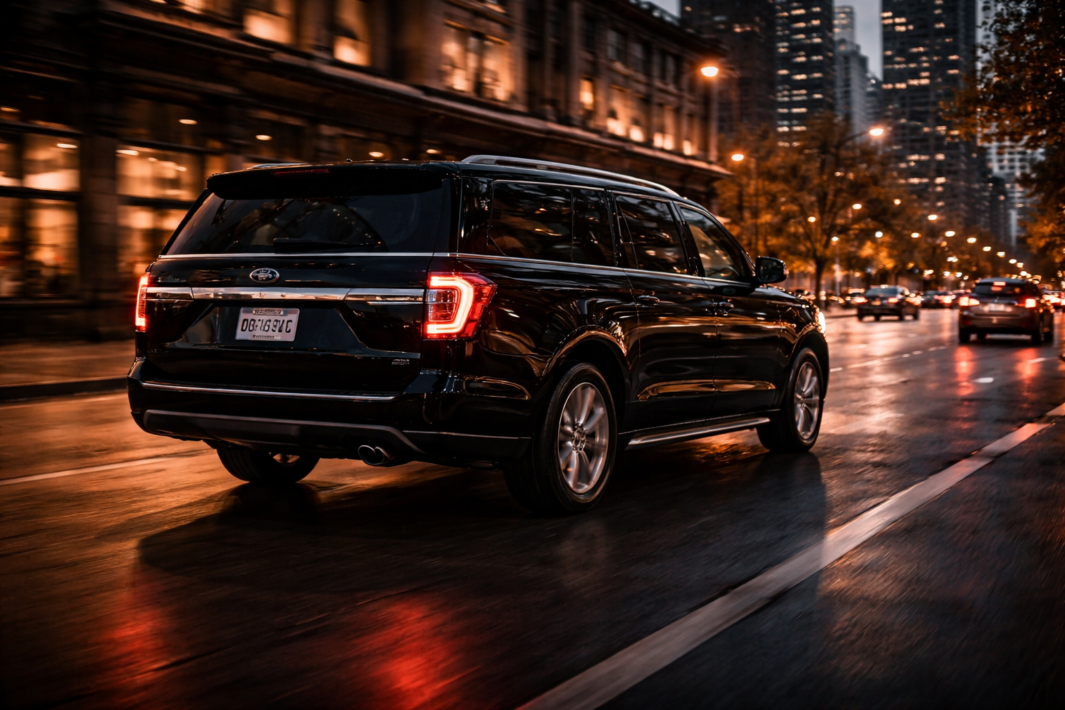 Executive black SUV driving Chicago corporate transportation