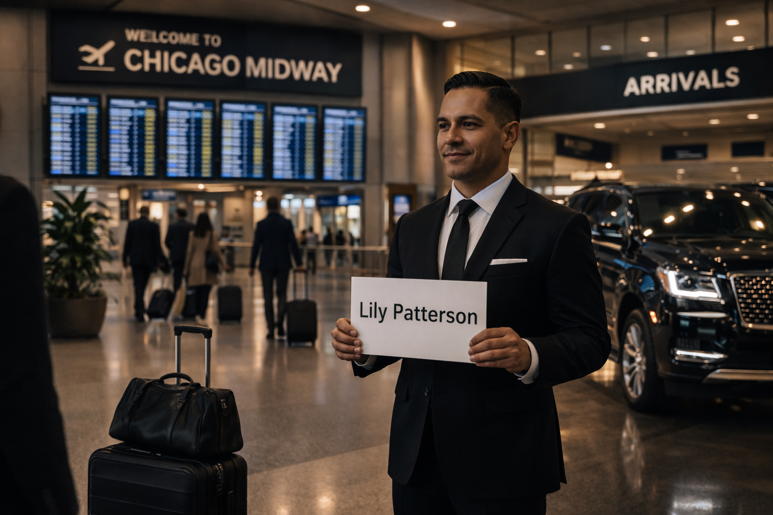 Midway airport arrivals black SUV chauffeur service Chicago