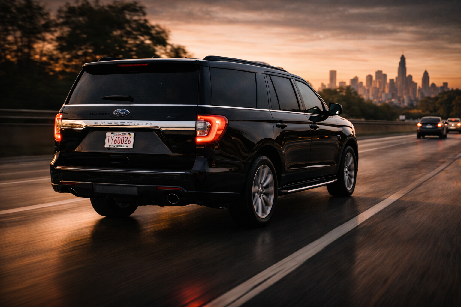 Luxury black SUV driving to Midway airport Chicago highway